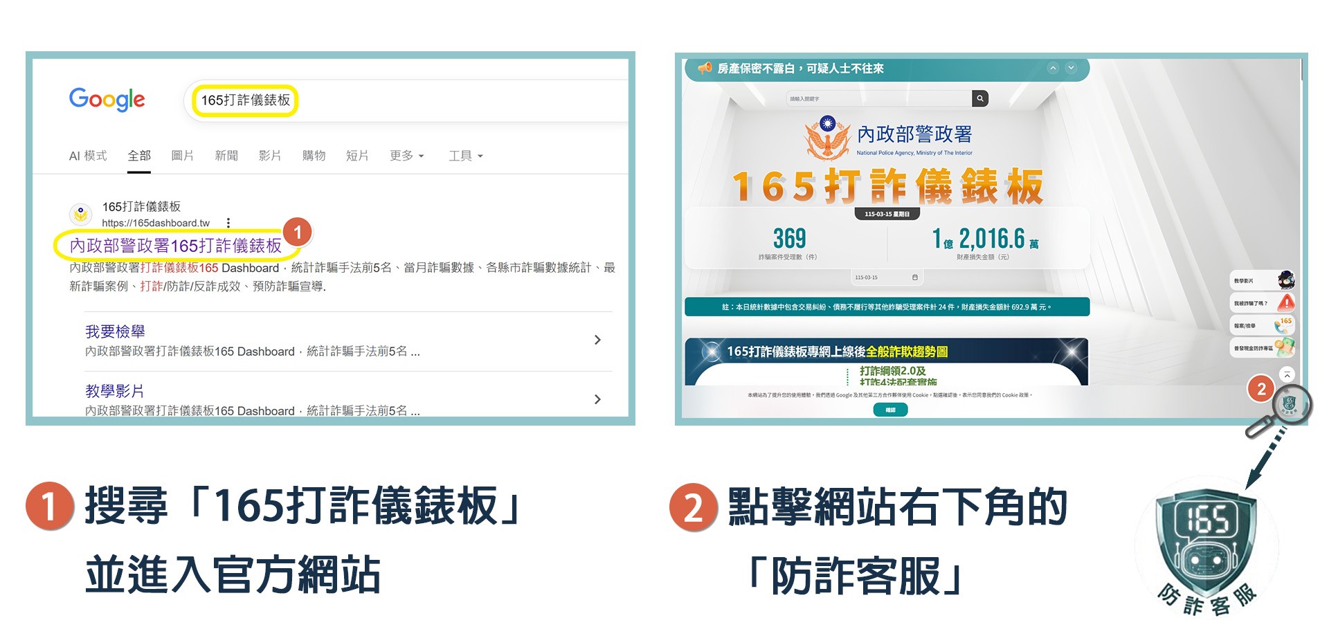 165打詐儀錶板AI客服查詢畫面，官方防詐騙網站使用教學